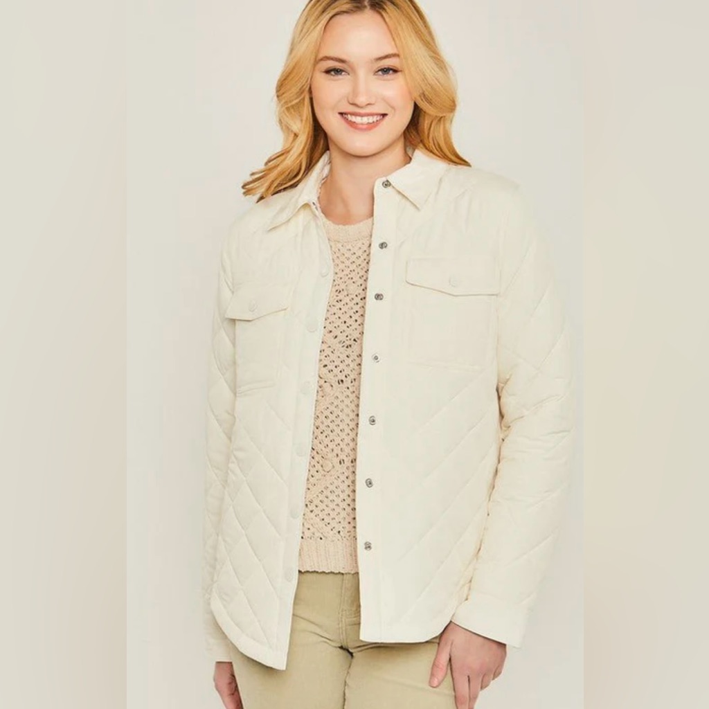 Lucky Brand Ivory Quilted Shacket Coat S Small $228 Euc Removable Hood